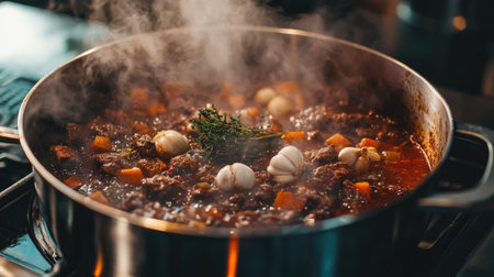 A captivating image of a bubbling pot of delicious stew simmering on the stove, filled with fresh vegetables, herbs, and savory ingredients, creating an enticing aroma in the kitchen.の素材