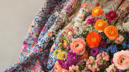 Explore a vibrant display of floral textiles featuring beautiful designs and colors. This image captures the essence of nature's beauty through decorative fabric.の素材