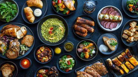 Explore a vibrant collection of European cuisine featuring a variety of dishes artfully arranged. Perfect for food enthusiasts and culinary inspirations.の素材