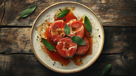 Explore a stunning top view of a beautifully plated saltimbocca dish, garnished with fresh herbs and rich sauce, capturing a gourmet dining experience.の素材