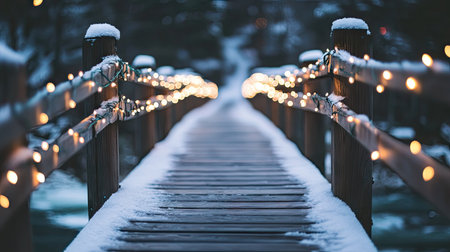 A serene view of a snow-covered wooden pathway, adorned with warm Christmas lights along the rails, creating a festive atmosphere in the tranquil winter landscape.の素材