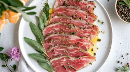 This overhead shot showcases a beautifully plated meat dish garnished with herbs, presenting an inviting and aesthetically pleasing culinary experience. Perfect for food enthusiasts and recipe creators.の素材