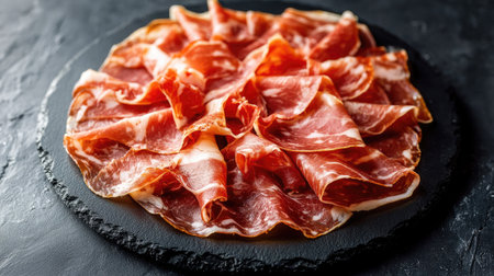 This elegant display features delicate slices of prosciutto arranged on a black slate plate, showcasing the rich texture and vibrant color of the meat, perfect for gourmet appetizers.の素材