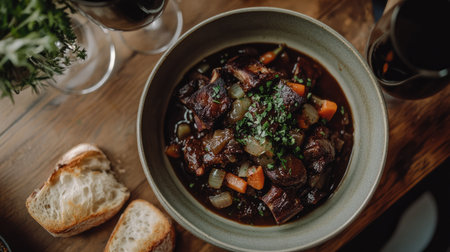 An enticing top-down shot of beef ribs served with vibrant vegetables, highlighting a warm and inviting dining experience perfect for any meal.の素材