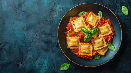 This top-down image showcases a plate of ravioli garnished with basil, offering a vibrant and appetizing view perfect for culinary inspiration.の素材