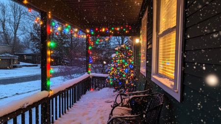 A vibrant display of colorful Christmas lights adorns a cozy outdoor porch, creating a warm and inviting atmosphere on a snowy winter evening.の素材