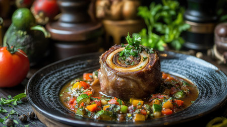 Indulge in this beautifully arranged braised veal dish, garnished with colorful vegetables and herbs, perfect for gourmet dining or culinary presentations.の素材