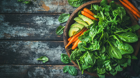 A vibrant overhead shot of a fresh salad bowl filled with crisp greens, carrots, and avocado, beautifully presented on a rustic wooden table. Perfect for healthy dining.の素材