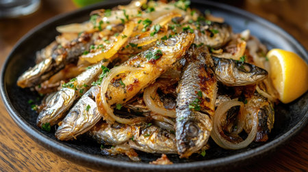 A beautifully plated Sarde in Saor dish, featuring small fried fish garnished with onions. This traditional Italian cuisine showcases vibrant flavors and colorful presentation.の素材