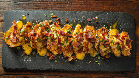 An overhead shot of delicious canederli served on a rustic slate platter. This appetizing meal features a creamy sauce and vibrant toppings, perfect for any dining experience.の素材