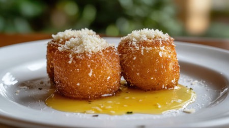 Enjoy a close-up view of freshly cooked canederli drizzled with cheese, showcasing a golden crispy exterior and a delightful savory flavor, perfect for any gourmet meal.の素材