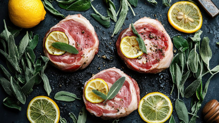 A close-up shot of elegant saltimbocca featuring lemon and sage, beautifully arranged on a textured surface. Perfect for culinary enthusiasts and food lovers.の素材