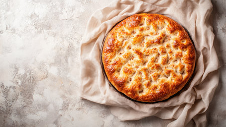 A beautifully baked focaccia resting on a rustic cloth, showcasing its golden crust and soft interior, perfect for any culinary occasion or meal.の素材