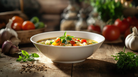 A stunning white porcelain bowl filled with vibrant, colorful soup, beautifully styled on a rustic wooden table. Perfect for food photography, showcasing culinary art and fresh ingredients.の素材