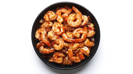 A vibrant bowl of spicy shrimp, showcasing a delicious seafood dish perfect for any meal. Ideal for culinary inspiration and food presentation.の素材
