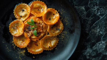 A stunning overhead shot of a luscious ravioli dish presented on a dark, textured plate. Fresh ingredients and vibrant colors enhance the gourmet appeal.の素材