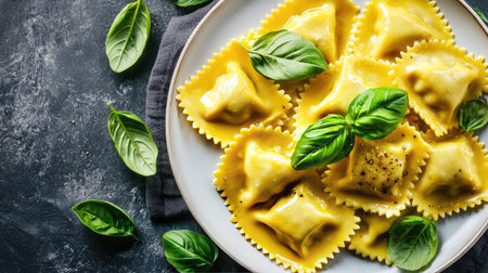 A beautiful plate of freshly cooked ravioli tossed in butter, garnished with fragrant basil leaves, perfect for a delightful meal or elegant dining.の素材