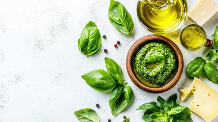 Discover a vibrant overhead view featuring fresh basil, pesto ingredients, and olive oil, perfect for food styling and culinary inspiration.の素材
