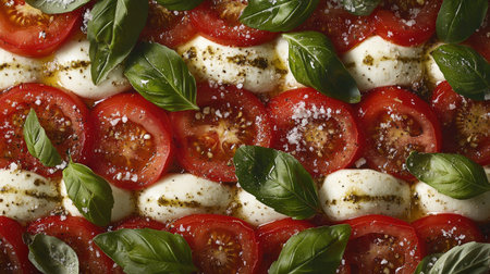 A vibrant Caprese salad featuring fresh tomatoes, creamy mozzarella, and aromatic basil. Ideal for summer meals or as an elegant appetizer.の素材
