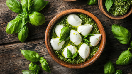 An overhead view of a delicious pinsa romana garnished with mozzarella and fresh basil, set against a rustic wooden table, perfect for Italian cuisine enthusiasts.の素材