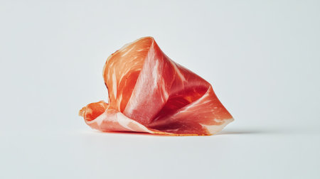 A single isolated slice of serrano ham showcases its rich color and texture on a clean white background, ideal for culinary and food-focused projects.の素材