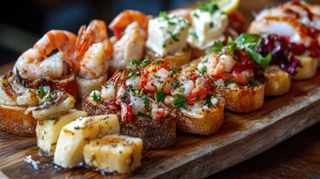 A close-up view of assorted cicchetti featuring shrimp, cheese, and herbs on a rustic wooden platter. Perfect for showcasing Italian appetizers in a vibrant setting.の素材