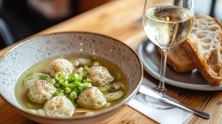 A delicious bowl of dumplings in savory broth, garnished with fresh green onions, accompanied by a glass of white wine and rustic bread on a wooden table.の素材