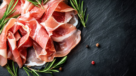 Discover elegant slices of prosciutto artfully arranged on a dark slate board, complemented by fresh herbs. Perfect for gourmet presentations and culinary delights.の素材