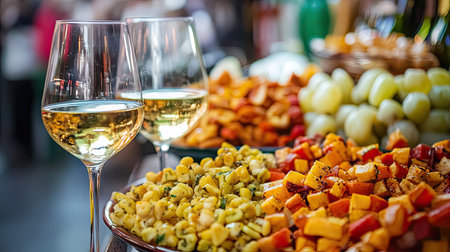 Enjoy a vibrant display of colorful cicchetti snacks paired with white wine glasses, perfect for a festive gatherings or culinary experiences.の素材