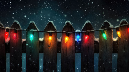 Vibrant Christmas lights strung across a frosty wooden fence create a magical winter atmosphere. Perfect for festive holiday-themed projects or backgrounds.の素材