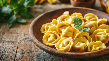 A close-up view of golden brown tortellini presented in a rustic wooden bowl, highlighting the pasta's texture and a touch of greenery for a fresh appeal.の素材