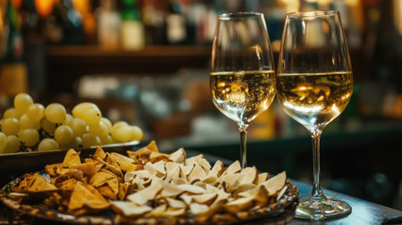 Enjoy a captivating scene featuring delicious cicchetti and elegant glasses of wine, perfect for gatherings, dining experiences, and festive occasions.の素材