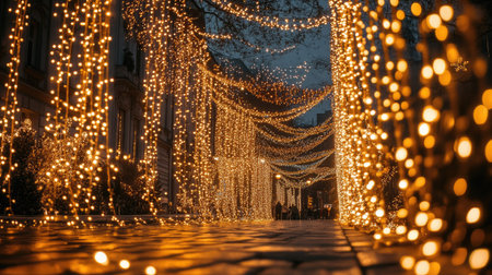 A stunning display of Christmas lights draped over a pathway, creating a warm and inviting atmosphere perfect for holiday celebrations and gatherings.の素材