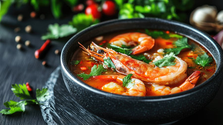 Experience the vibrant flavors of aromatic shrimp soup, served in a sleek black bowl. This dish is a perfect blend of spices and fresh ingredients.の素材