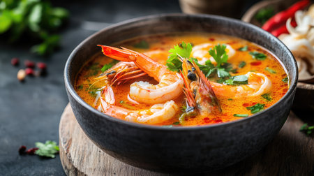 Discover the vibrant flavors of this spicy and sour seafood soup, featuring succulent shrimp and fresh herbs, perfect for a delightful meal experience.の素材