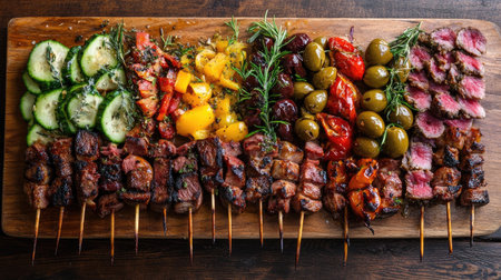 Explore a vibrant assortment of Spanish pinchos featuring grilled meat and fresh vegetables. This colorful presentation on a wooden board is perfect for parties or gatherings.の素材
