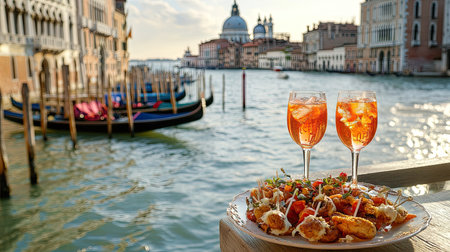 Enjoy a picturesque dining experience with a plate of appetizers and refreshing drinks by the serene waters of Venice, perfect for a summer gathering.の素材