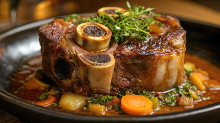 A close-up shot of a tender braised veal steak, garnished with fresh herbs and served with a colorful array of vegetables. Ideal for food photography.の素材