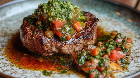 A tempting close-up of a succulent ossobuco dish, beautifully garnished with fresh herbs and vibrant sauce, showcasing exquisite flavors and culinary artistry.の素材