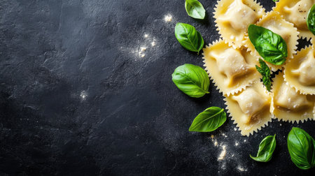 A close-up overhead shot of homemade ravioli garnished with fresh basil leaves. Perfect for showcasing culinary creativity and Italian cuisine.の素材