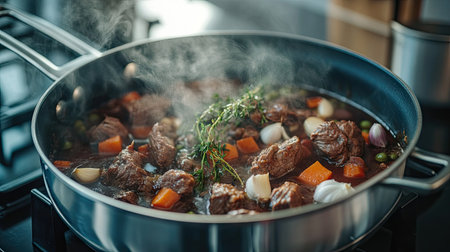 A captivating bubbling pot of stew showcases the tender beef and fresh vegetables simmering in a rich broth, creating an inviting and hearty meal in a modern kitchen setting.の素材