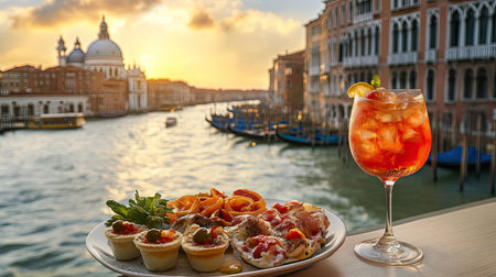 Experience a vibrant sunset scene over a Venetian canal, featuring a delicious spread of food and a refreshing drink. Ideal for travel and culinary themes.の素材