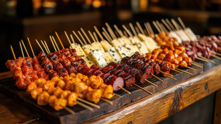A vibrant assortment of Spanish pinchos on skewers, perfect for any gathering or event. These mouthwatering appetizers showcase a variety of flavors and colors.の素材