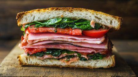 A mouthwatering focaccia sandwich stacked with layers of ham, fresh spinach, and ripe tomato. Perfect for lunch or a delicious snack option.の素材