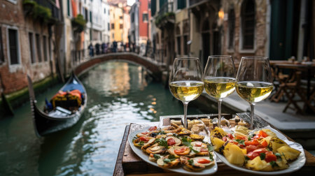 Enjoy a picturesque moment featuring a delightful snack spread by a charming Venetian canal, complete with drinks and scenic views of classic architecture.の素材