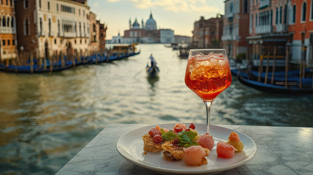 Experience a serene moment by the canal with a refreshing cocktail and a beautifully presented plate of desserts. Perfect for travel and food lovers.の素材