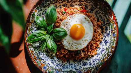A vibrant stir-fried pork dish topped with a fried egg and fresh basil. This meal showcases a delightful blend of flavors and colors, perfect for any occasion.の素材