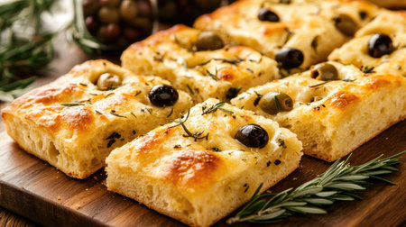 Enjoy this delicious focaccia topped with olives and fresh herbs. Perfect for sharing at parties or serving as a savory snack for any occasion.の素材