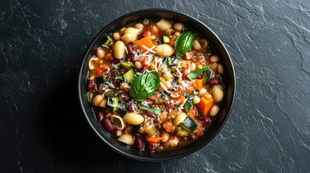 Enjoy a vibrant bowl of hearty minestrone soup, filled with fresh vegetables, pasta, and rich flavors. Perfect for a comforting meal any time.の素材