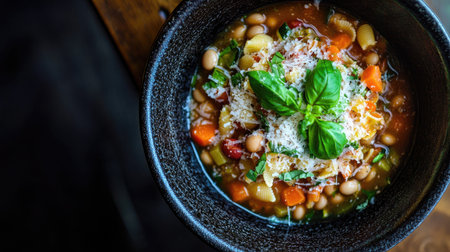 A rustic black bowl of minestrone soup, featuring colorful vegetables and pasta, topped with fresh basil, offering a warm and hearty meal.の素材